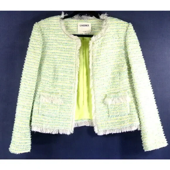NEW, L'AGENCE Angelina Tweed Jacket In Light Green Multi SZ 14 #SJ1423